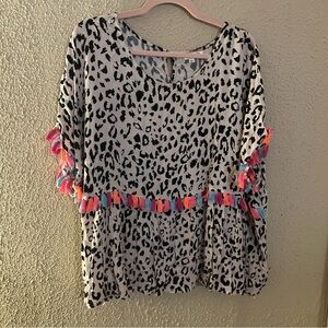 Andree by Unit Animal Print Tassel Top 3X Colorful Leopard Print Lightweight